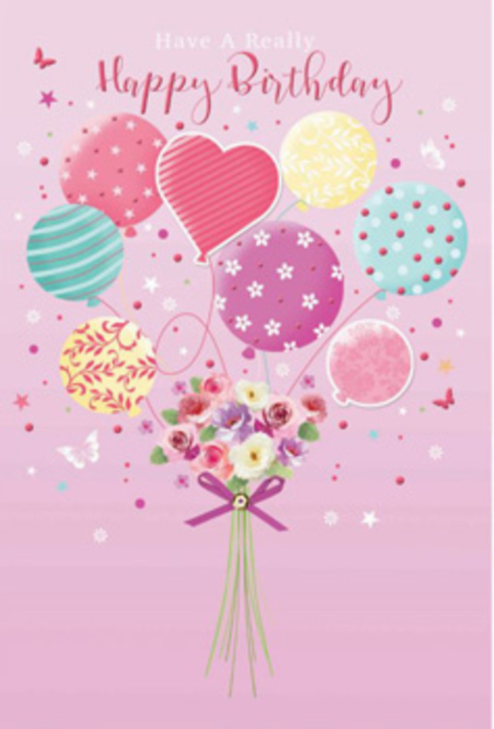 An enchanting birthday scene is illustrated on a gentle blush backdrop, evoking the soft, open skies that stretch above Biggin Hill. At the centre of the artwork, a bouquet of pastel balloons rises lightly, as if drifting over the rooftops, carrying with it a small, lovingly arranged cluster of fresh flowers. The balloons are painted in mellow tones of pink, fuchsia, lemon, sea green, and lilac, each one decorated with a unique, cheerful pattern-some spin with fine, ribbon-like stripes, others are dotted with playful polka dots, while a few are sprinkled with dainty florals and swirling motifs. They glow as if lit from the side by natural daylight, with subtle reflections that give each balloon a rounded, three-dimensional feel, like they could bob above a birthday picnic in a nearby garden. Below, firmly rooted at the base, the hand-tied bouquet is formed from tiny roses and soft, daisy-like blossoms in shades of ivory, blush pink, and gentle mauve. The petals look velvety and freshly opened, arranged so that their colours echo those of the balloons above, creating a sense of harmony between sky and earth. Tying the stems together is a trim purple bow, its satin-like finish catching just enough light to add sparkle without overwhelming the delicate design. Around the central image, stylised stars and fragile butterflies appear to hover and dance, as though caught mid-flight in a warm breeze on the edge of the Kent countryside. The overall impression is one of tender joy and heartfelt celebration, ideal for a birthday greeting that feels personal, thoughtful, and quietly uplifting.
