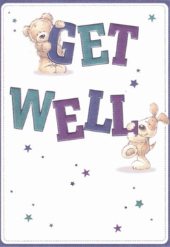 Full of comfort and hope, this charming get well card captures the playful spirit of Biggin Hill. At its centre, a fuzzy teddy rests gently atop the sweeping word 'GET,' gazing tenderly at a floppy-eared puppy who playfully nudges the bold 'WELL' below. Their rounded forms and expressive faces radiate affection, bringing to mind those small moments of kindness found in local parks or along Main Road, where familiar faces exchange cheerful greetings. Deep purple and teal letters add a sophisticated pop against the crisp, immaculate white background-like a fresh bouquet arranged to brighten a neighbour's recovery. Starlike bursts of blue, indigo, and lilac dance across the scene, infusing the composition with a sense of magic and possibility, much like the uplifting notes of a flower delivery on a cloudy afternoon. Every detail, from the soft shadows to the textured brushwork, is thoughtfully arranged, mirroring the meticulous care shown by Biggin Hill's established florists. The overall effect is one of nurturing encouragement-a blend of innocence and resilience, perfectly designed to uplift any recipient on the mend in our vibrant community.