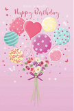 This birthday card illustration captures the feeling of a light, happy day in Biggin Hill, with pastel tones and playful details that make the scene feel almost alive. The background is a soft, blush pink wash, like the sky just before sunset, setting off a cluster of balloons that appear to float effortlessly upward. These balloons are rendered in gentle shades of rose pink, peach, mint green, teal, lavender, and buttery yellow, each one given its own cheerful character-some wrapped with candy-like stripes, others speckled with bouncing polka dots, floral patterns, or swirled accents that suggest movement. Light touches their surfaces in little curved reflections, giving them a glossy, slightly translucent look, as if they're swaying above the tree line near Biggin Hill's quiet residential streets. Suspended below the balloon cluster, a compact bouquet of flowers is tied neatly at the stems, the blooms arranged with the same care you'd expect from a birthday delivery. The flowers include petite roses and daisy-style blossoms in cream, blush, and pale mauve tones, their petals soft and layered, almost begging to be touched. A violet satin bow gathers the green stems together, shining just enough to add an elegant finishing note. Around this central arrangement, tiny stars sparkle and delicate butterflies drift by, giving the impression of a magical moment frozen in time. The design as a whole radiates gentle happiness and affection, the kind of image that could easily accompany a heartfelt birthday message shared with family or friends across Biggin Hill.